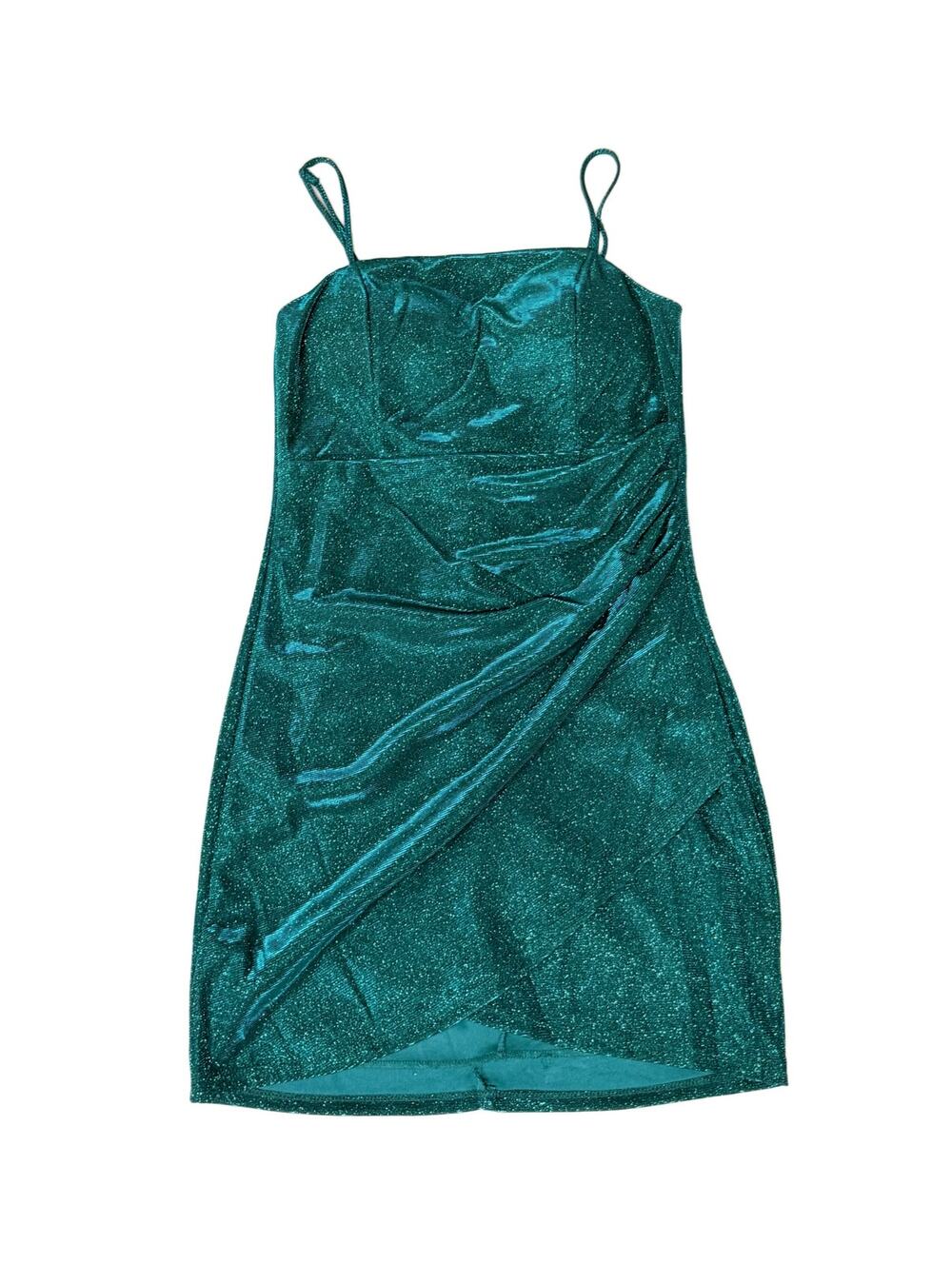 Crystal Doll Emerald Green Glitter Ruched Tulip Mini Dress Juniors 11 Full Bust